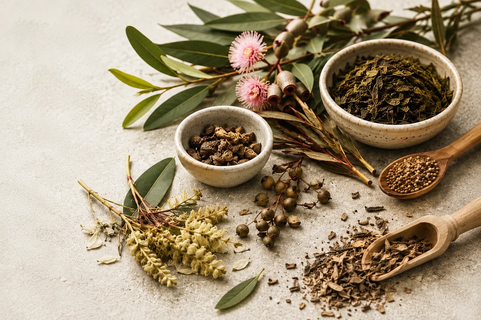 Bowls of dried native botanicals with foliage, pink blossoms and wooden scoops