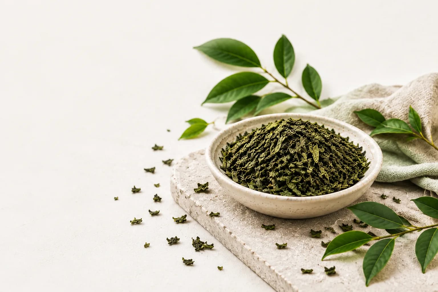 Bowl of dried green tea on pale stone with fresh leafy branches