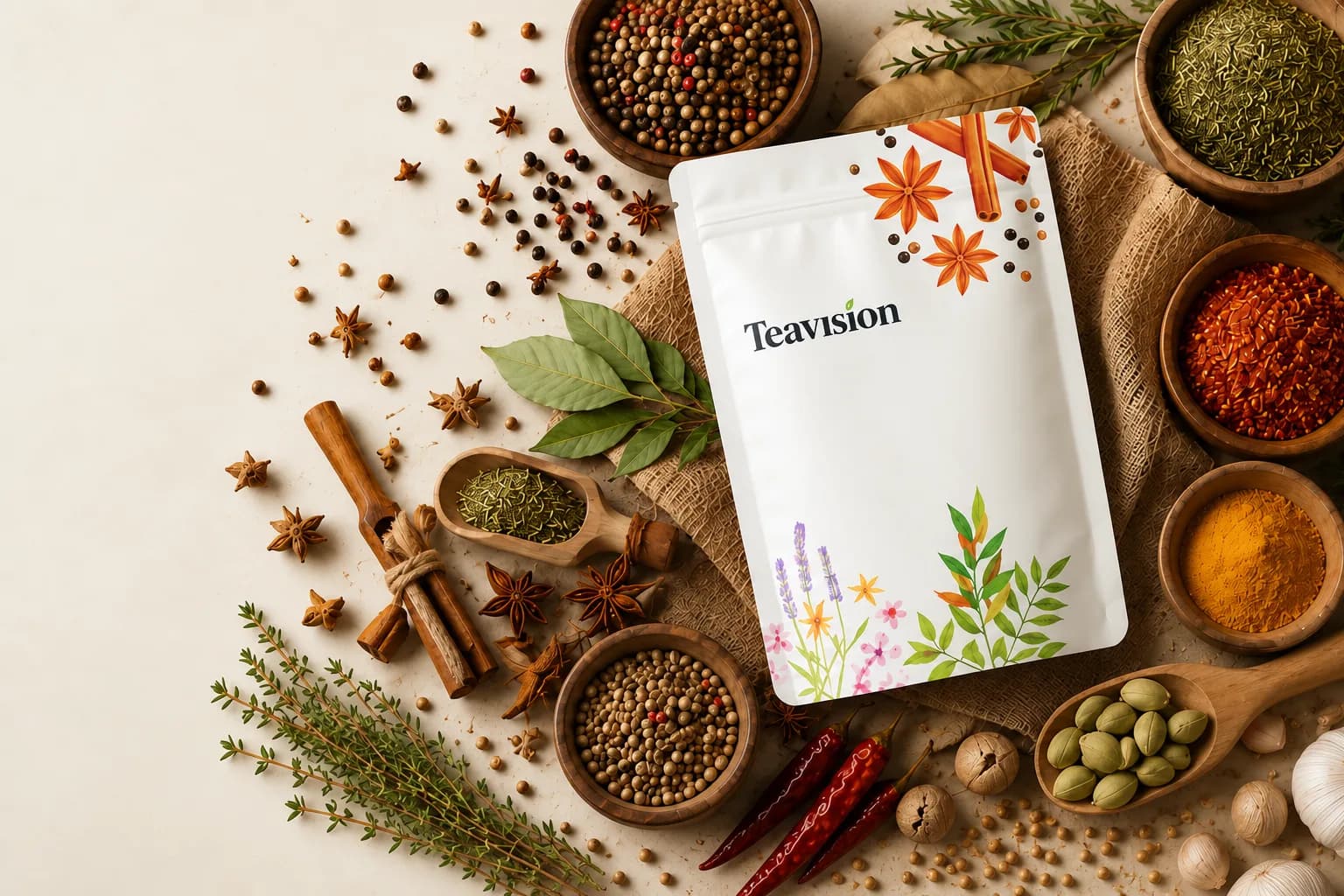 Teavision pouch surrounded by bowls of spices and herbs on burlap