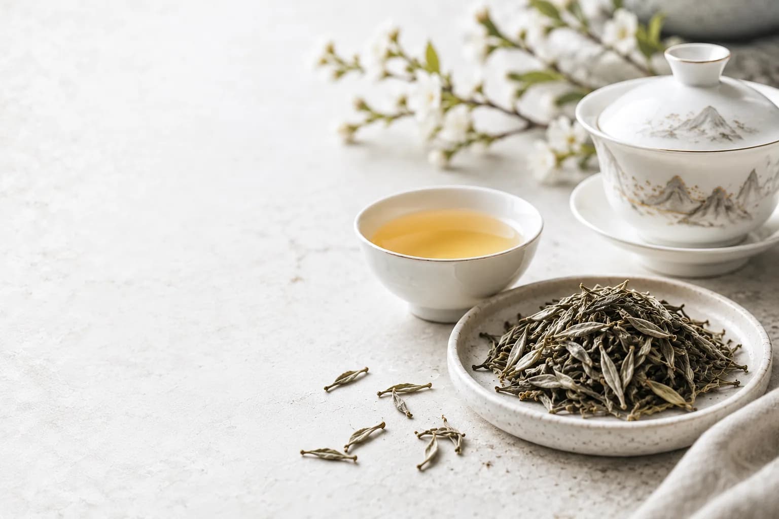 White porcelain gaiwan and cup beside a plate of silvery loose tea leaves