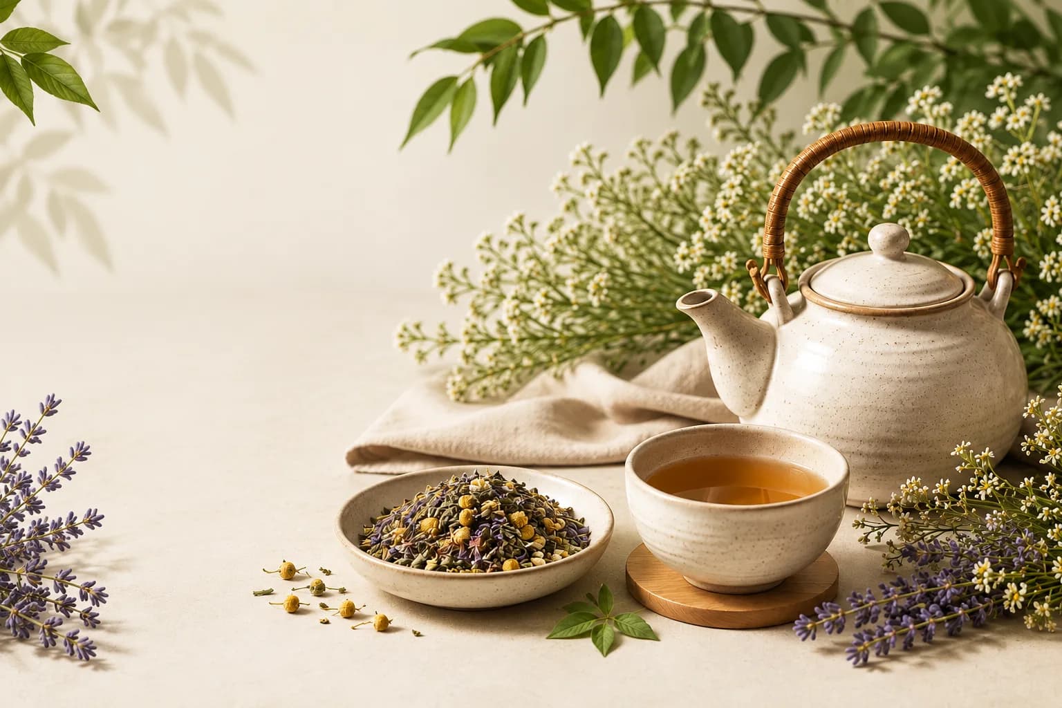 Cream teapot and cup beside a bowl of herbal tea, chamomile and lavender