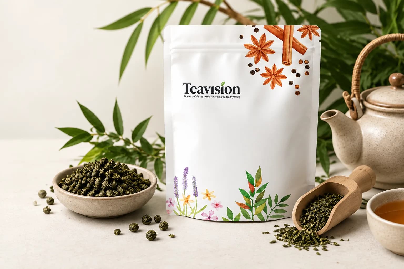Teavision tea pouch with loose green tea, a stoneware teapot and wooden scoop