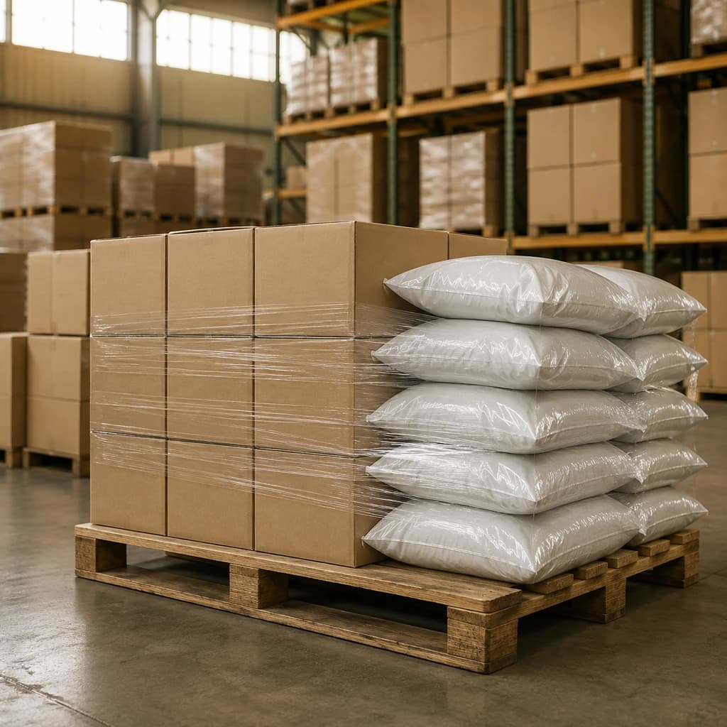 Pallets of bulk ingredient sacks and cartons in a warehouse
