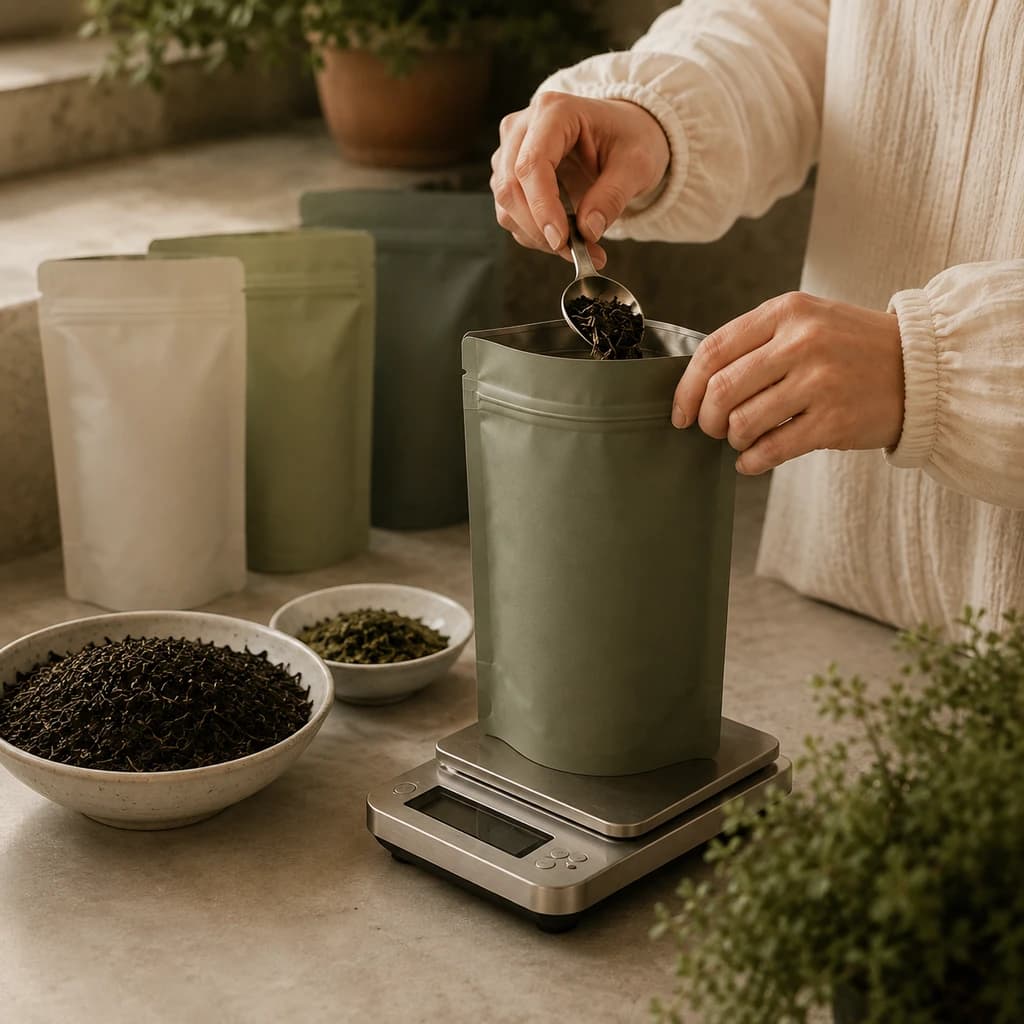 Loose tea being packed into an unbranded pouch on a scale