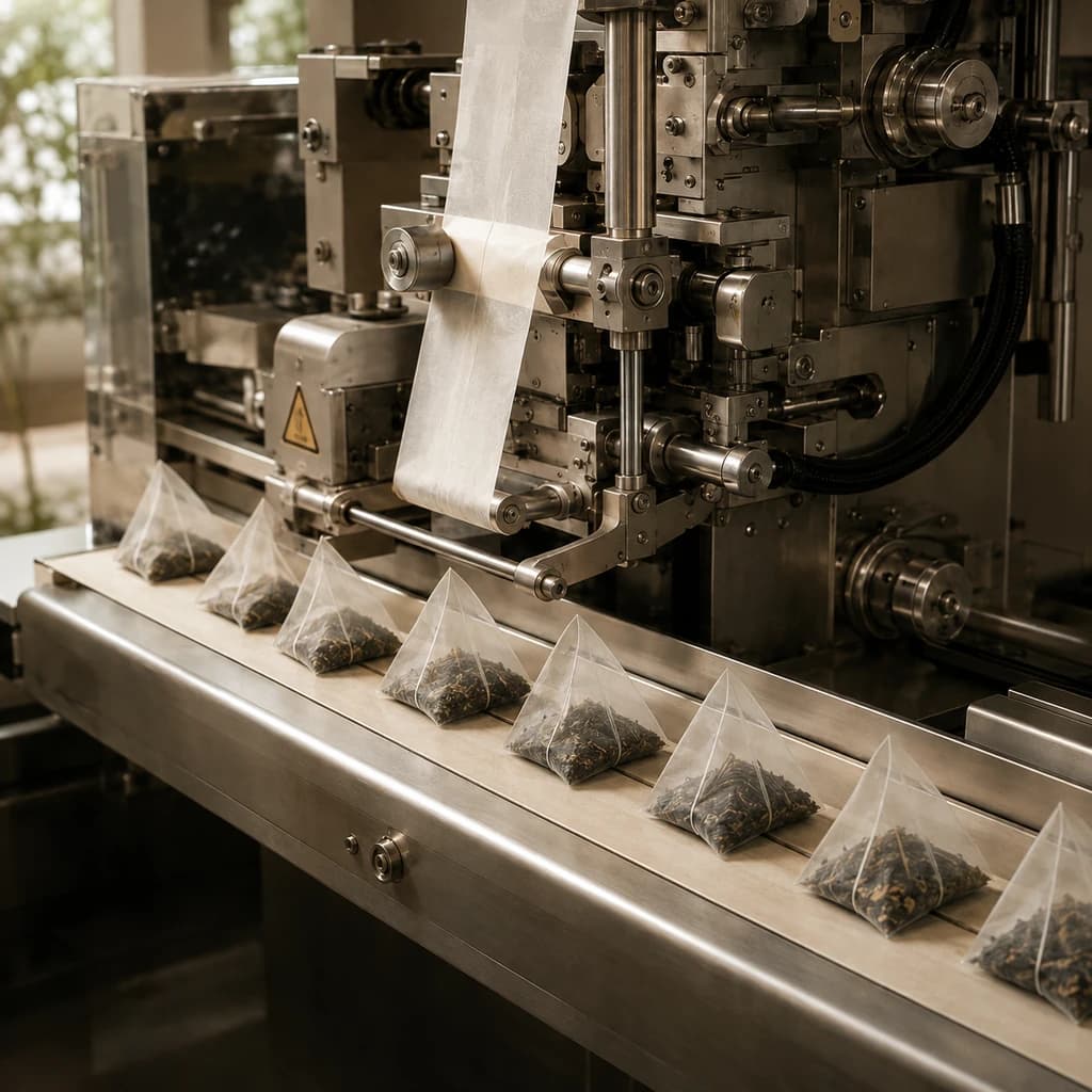 Pyramid tea bags on a stainless-steel manufacturing line