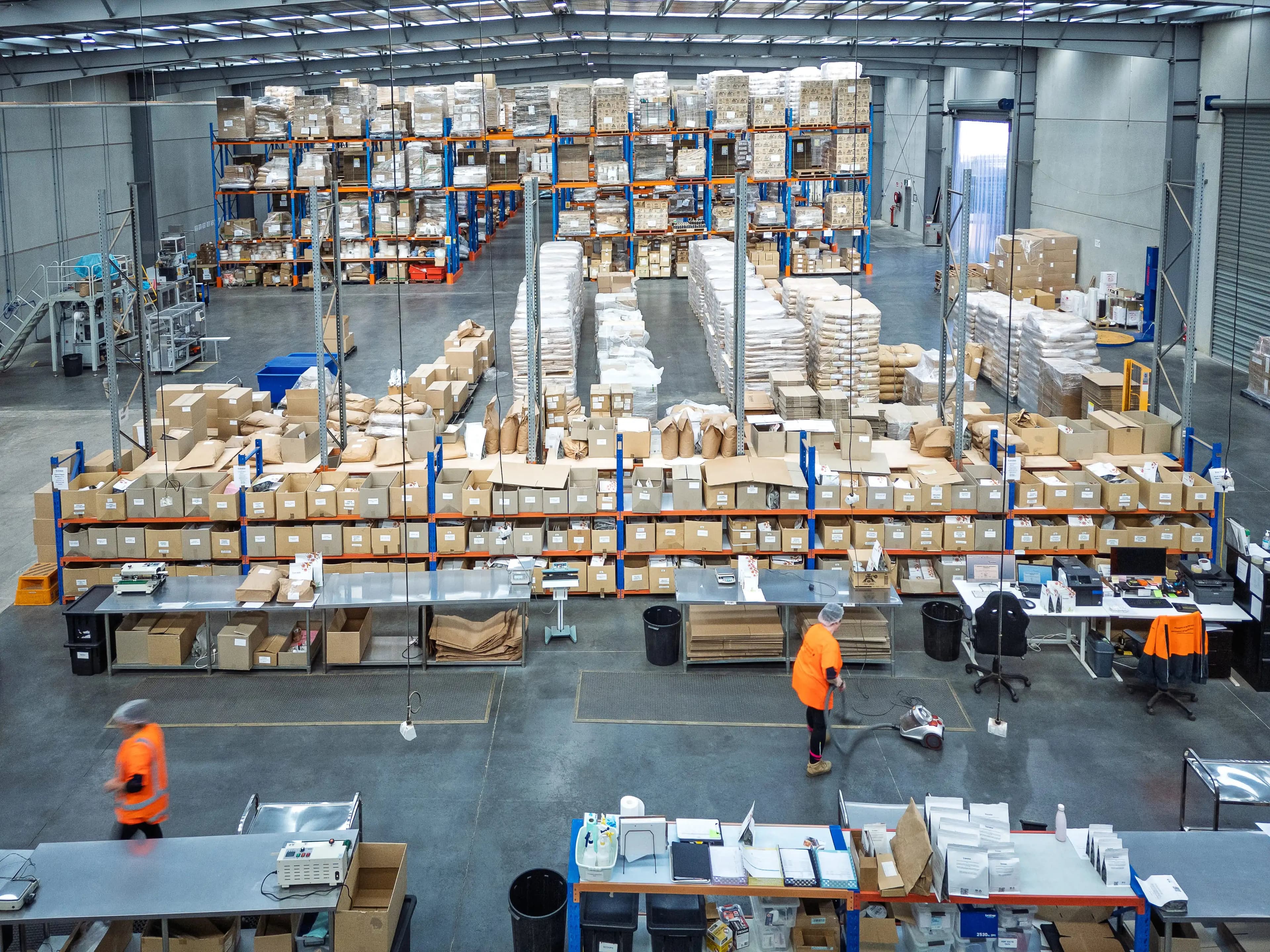 Teavision warehouse with bulk ingredients, packing stations and production equipment