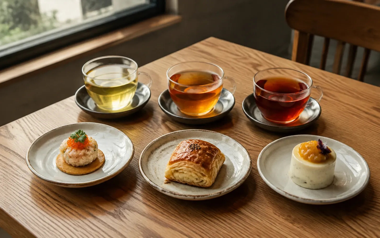 Three cups of tea paired with a savoury bite, a flaky pastry and a small dessert.