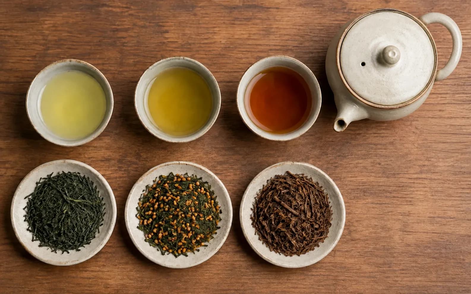 Sencha, genmaicha and hojicha leaves with their brewed teas and a ceramic teapot with a loop handle.