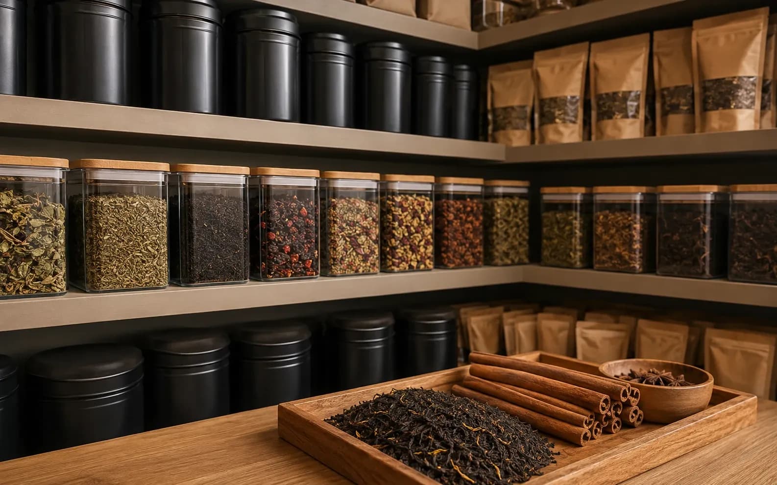 Closed tea tins, airtight ingredient containers and sealed refill packs on pantry shelves.