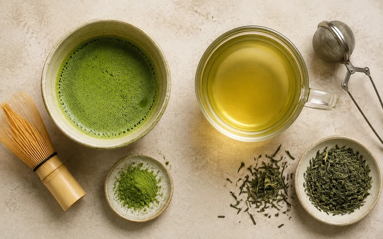 Whisked matcha and powder beside steeped green tea, loose leaves and brewing tools.