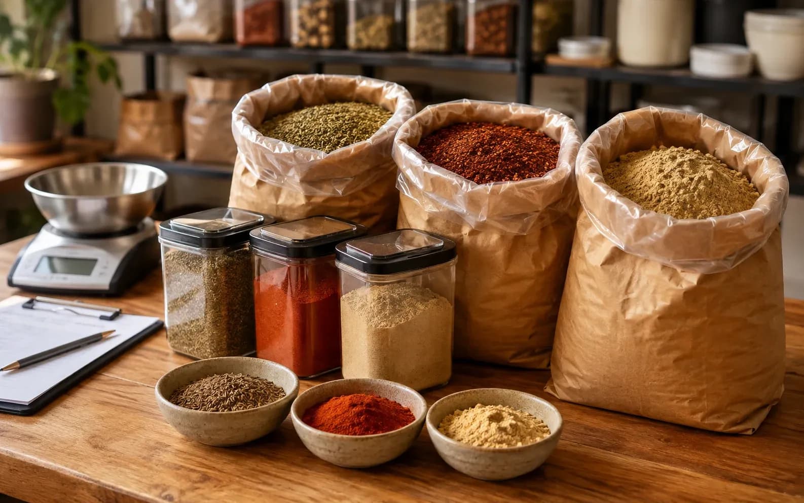 Bulk spice packs and airtight containers beside a weighing scale and inventory clipboard.