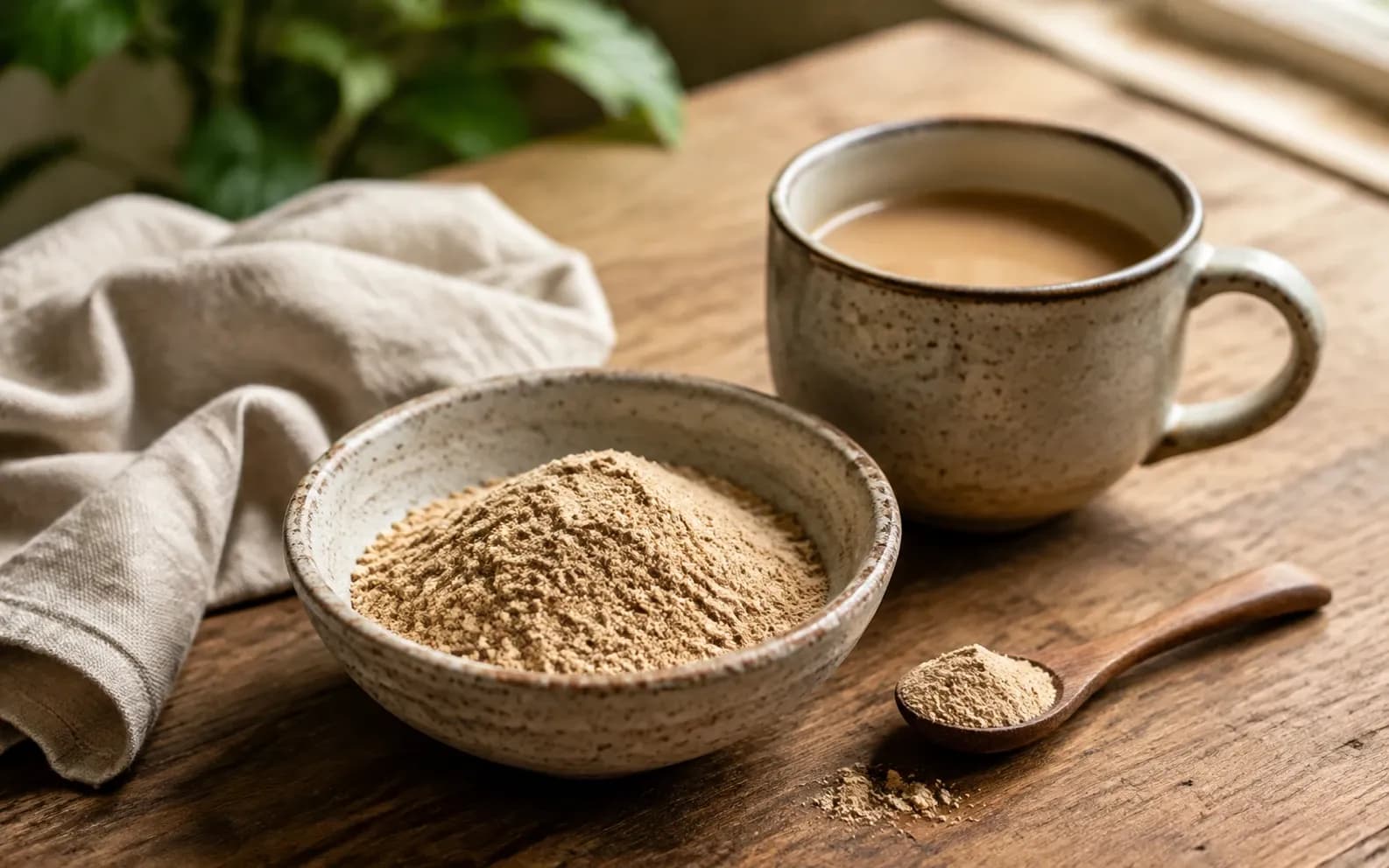 Mushroom powder in a ceramic bowl beside a wooden spoon and a warm drink.