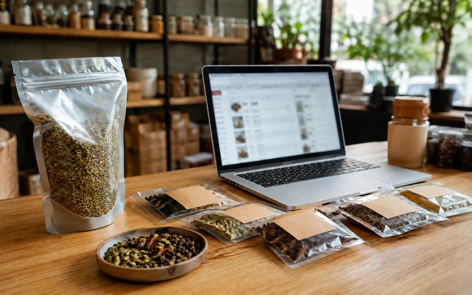 Laptop beside sealed spice samples, whole spices and a bulk ingredient pouch.