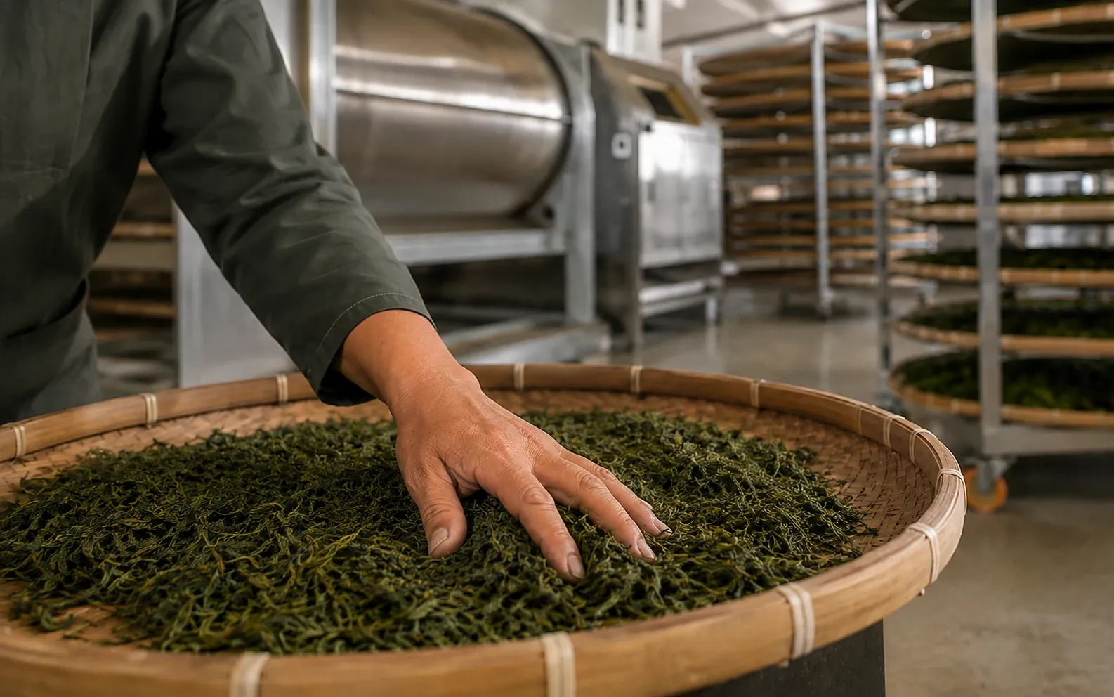 A worker spreading tea leaves on a bamboo tray, with processing equipment and drying racks behind.