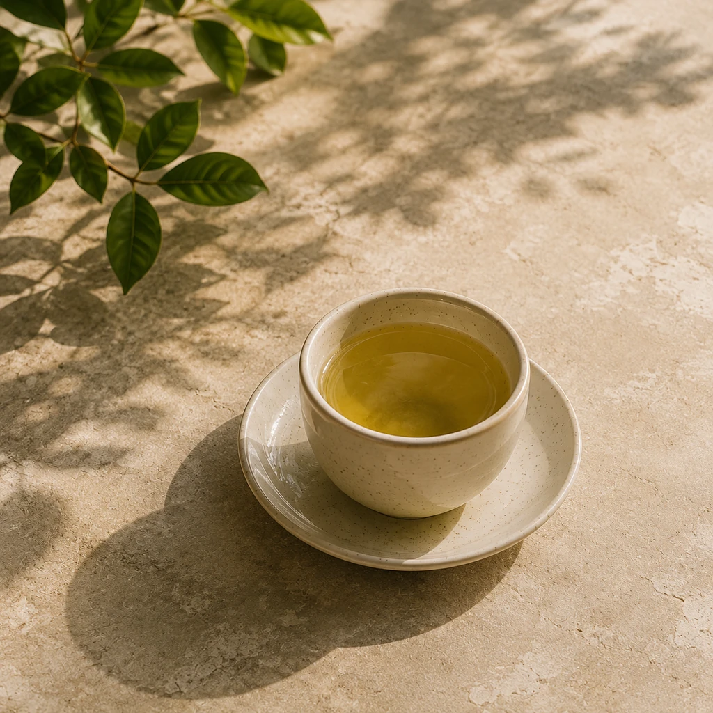 Golden tea in a ceramic cup and saucer on a sunlit stone table