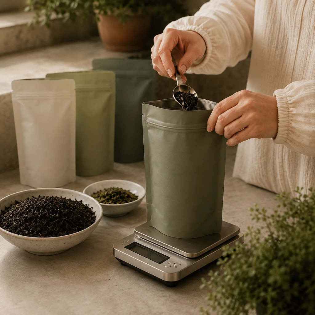 Loose tea being packed into an unbranded pouch on a scale