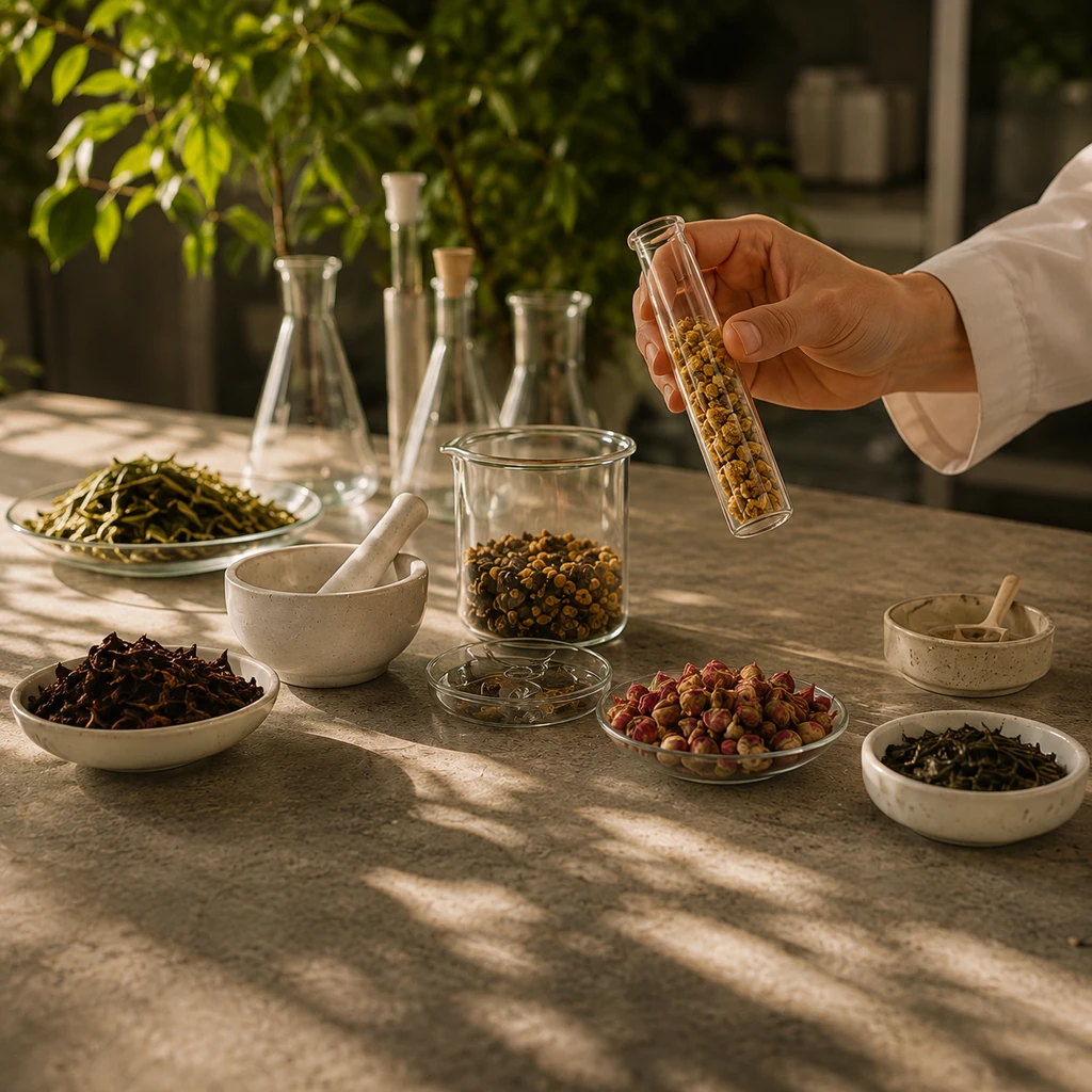 Botanical samples and glassware on a tea development workbench