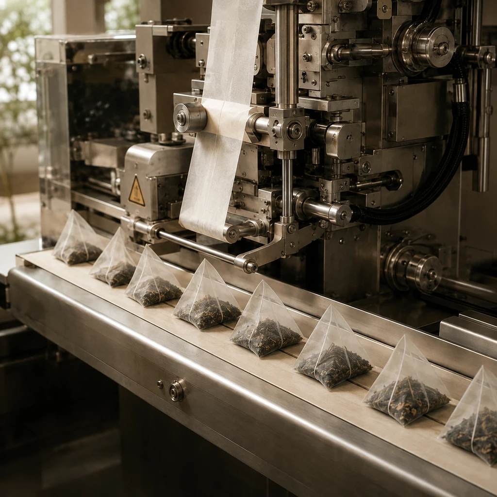 Pyramid tea bags on a stainless-steel manufacturing line
